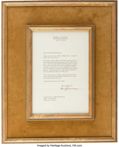 47269: Harry Truman Typed Letter Signed. One page, 8