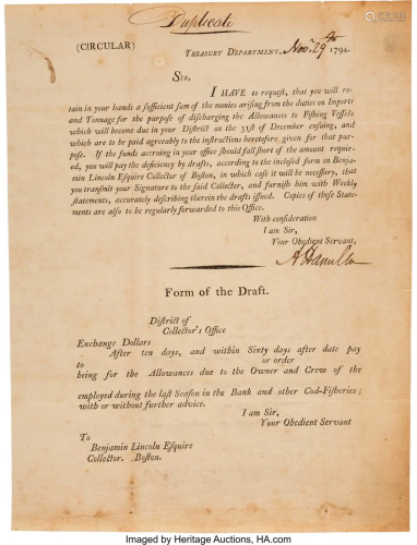 47029: Alexander Hamilton Document Signed. One page, 7
