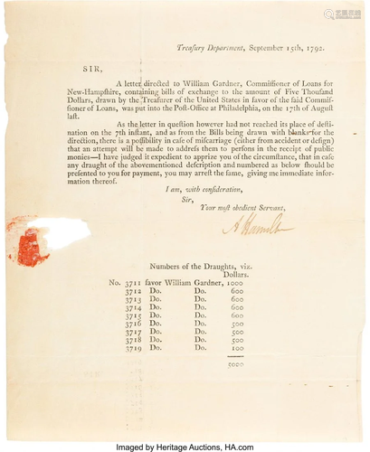 47032: Alexander Hamilton Printed Letter Signed. One pa