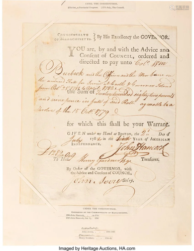 47033: John Hancock Document Signed as Governor. One p