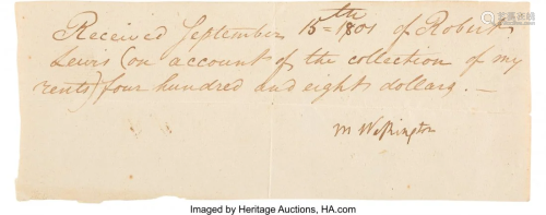 47170: Martha Washington Signed Receipt. One page, 7.7