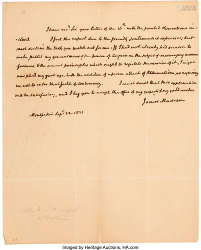 47185: James Madison Autograph Letter Signed. One page,