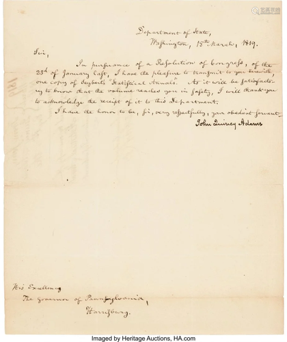 47191: John Quincy Adams Letter Signed. One page, Depa