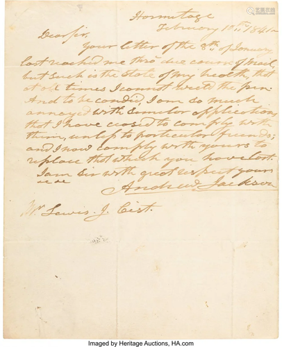 47193: Andrew Jackson Autograph Letter Signed. One page