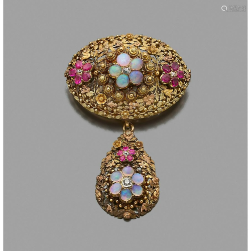Work from the 1860-80's Ornamental brooch in 18k gold