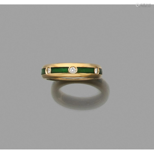 Partially green enameled yellow gold wedding band