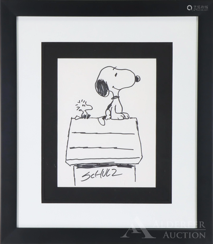 Peanuts Original Marker Drawing of Snoopy & Woodstock