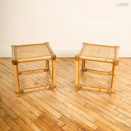 A PAIR FRENCH RATTAN SIDE TABLES CIRCA 1950.