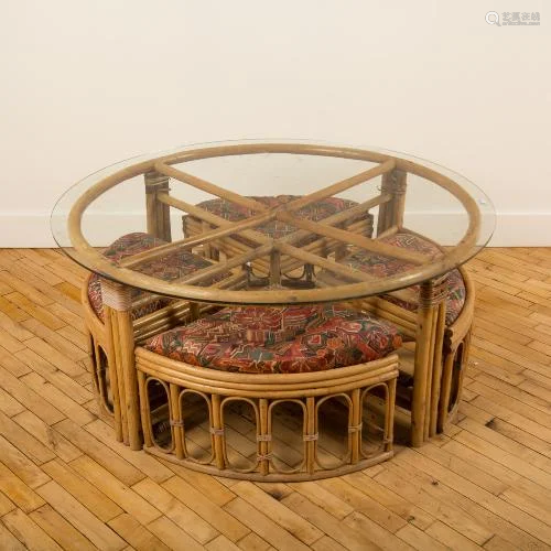 A FRENCH RATTAN GLASS COFFEE TABLE W/STOOLS