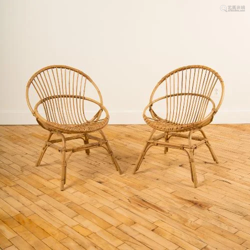 PAIR FRENCH CURVED BACK RATTAN CHAIRS CIRCA 1960.