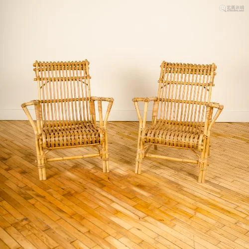 A PAIR OF MID CENTURY MODERN FRENCH RATTAN CHAIRS