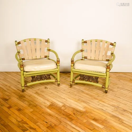 PAIR FICKS REED GREEN PAINTED RATTAN CLUB CHAIRS