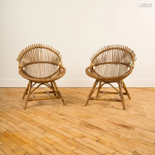 PAIR FRENCH CURVED BACK RATTAN ARMCHAIRS