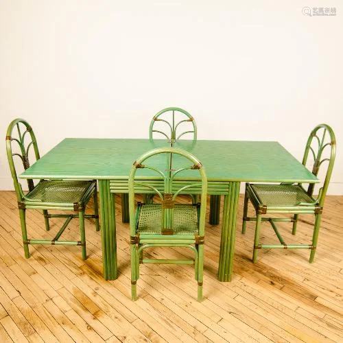 AN ITALIAN FOLDING RATTAN TABLE WITH FOUR CHAIRS