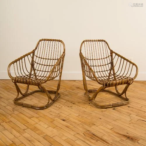 PAIR OF ITALIAN CURVED BACK RATTAN ARMCHAIRS