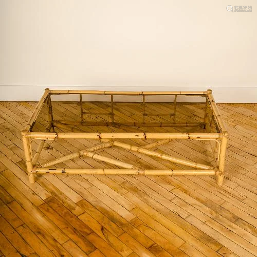 A FRENCH MCM RATTAN AND GLASS COFFEE TABLE