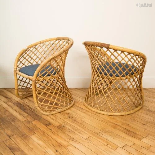 PAIR RATTAN ARM CHAIRS ROYERE STYLE