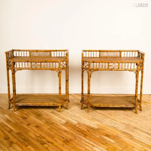 A PAIR OF FRENCH RATTAN CONSOLE TABLES CIRCA 1960