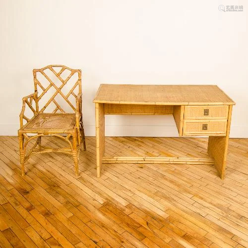 AN ITALIAN RATTAN DESK AND ARM CHAIR CIRCA 1950.