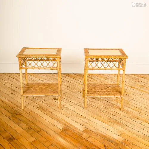 A PAIR OF MCM RATTAN SIDE TABLES WITH INSERTS
