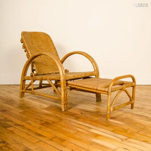 A FRENCH ADJUSTABLE RATTAN LOUNGE ARM CHAIR