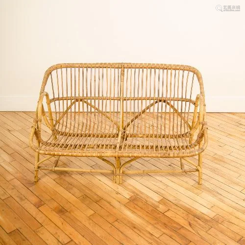A MID CENTURY MODERN FRENCH TWO SEAT RATTAN SOFA