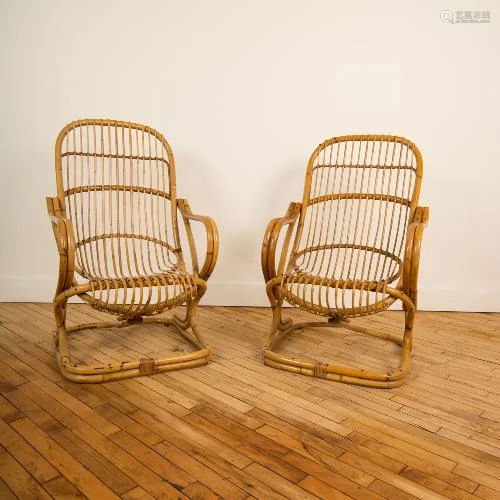 A PAIR OF MCM ITALIAN RATTAN LOUNGE ARM CHAIRS