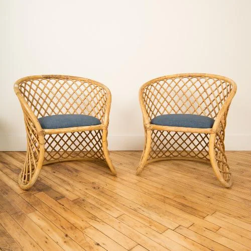 PAIR FRENCH RATTAN ARM CHAIRS ROYERE STYLE