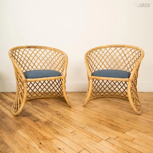 PAIR FRENCH RATTAN ARM CHAIRS ROYERE STYLE