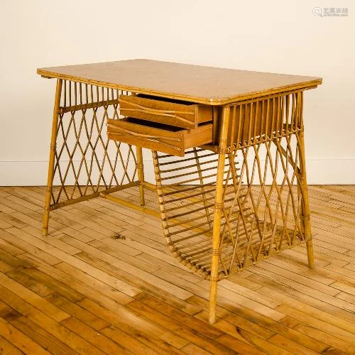 A FRENCH RATTAN WIRING DESK WITH MAGAZINE RACK