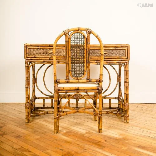 A MCM FRENCH RATTAN WRITING DESK AND CHAIR