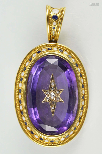 14kt gold pendant set with an amethyst and diamonds -