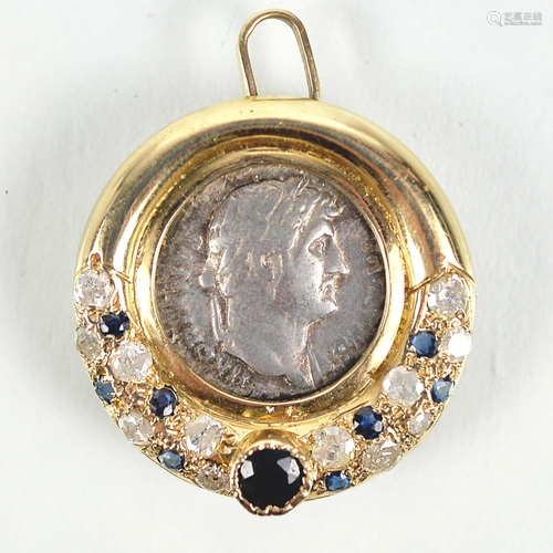 Gold pendant with diamonds and roman coin