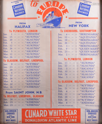 Cunard White Star Line ocean liners timetable poster -