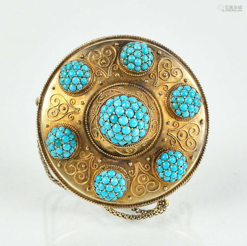 14kt mourning brooch set with 151 turquoises - Fin du