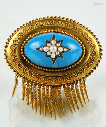 9kt mourning brooch set with a turquoise and pearls -