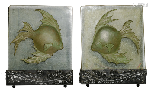 A pair of vintage decorative lamps with fish, marked