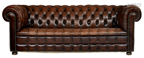 A brown leather button-upholstered Chesterfield sofa, H