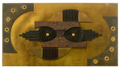 A vintage brutalist metal wall abstract sculpture,