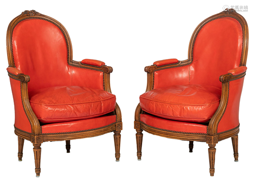 A pair of Louis XVI style walnut 'bergères', H 98,5 -