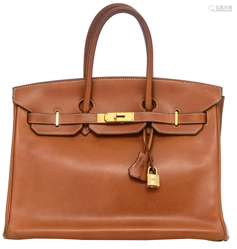 HERMÈS, Birkin 35 bag, Gold Barenia calfskin leather,