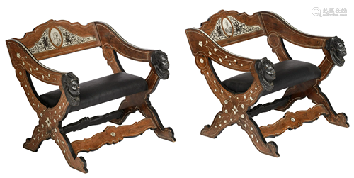 A pair of rosewood veneered X-frame chairs with bone