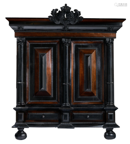 A Dutch Baroque ebony and rosewood veneered two-doors