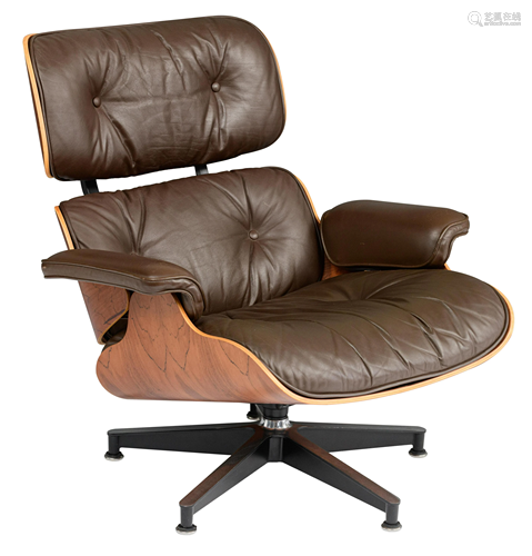 A rosewood and chocolate brown leather Eames lounge