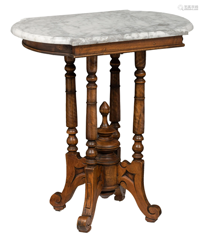 A Neoclassical walnut side table with a Carrara marble