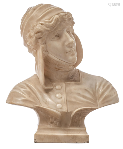 The alabaster bust of a medieval young beauty wearing a