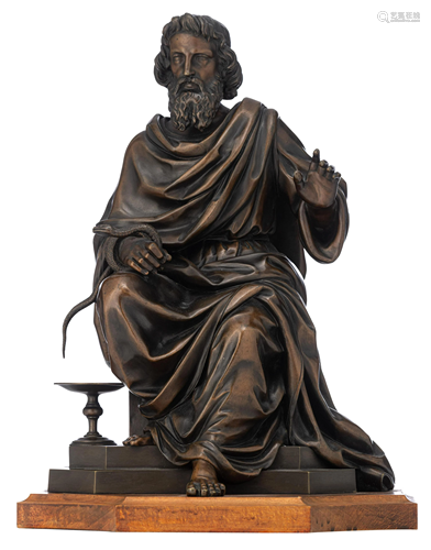 A bronze sculpture of Asclepius sitting, H 37,5 - 41 cm