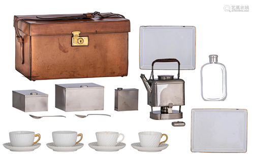 A stylish English 'tea for two' leather picnic hamper,