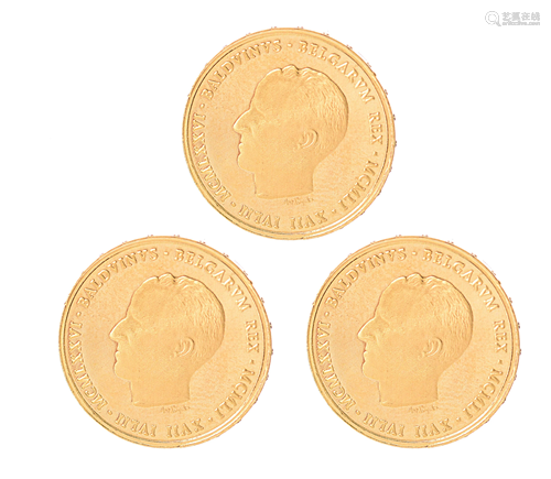 Three golden Belgian Boudewijn I coins, ed. 1976, UNC,