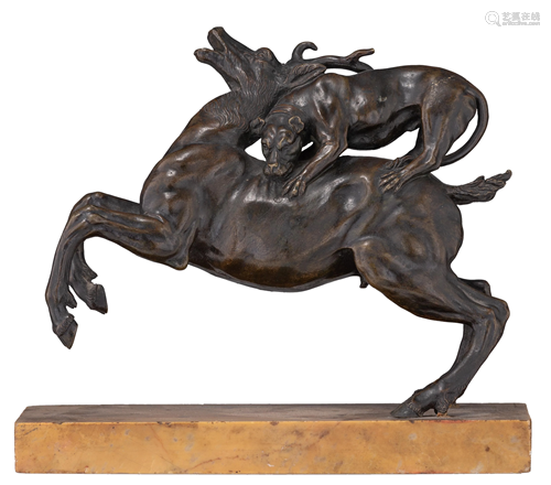 A patinated bronze hunting dog attacking a stag, after